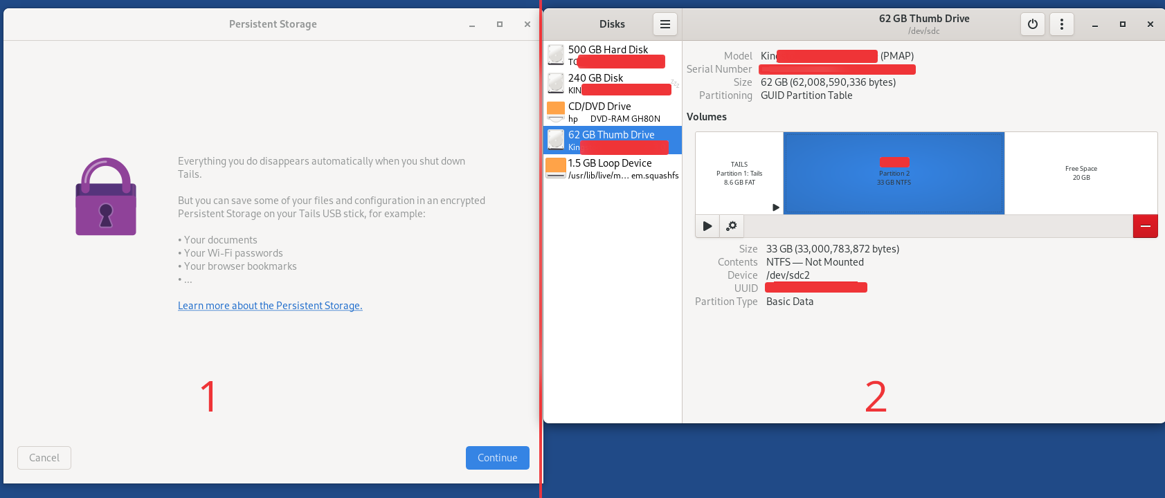 On the left side (1) we see how it looks the Persistent Storage and on the right side (2) we see the Disks Utility that manages Disks and USB Sticks