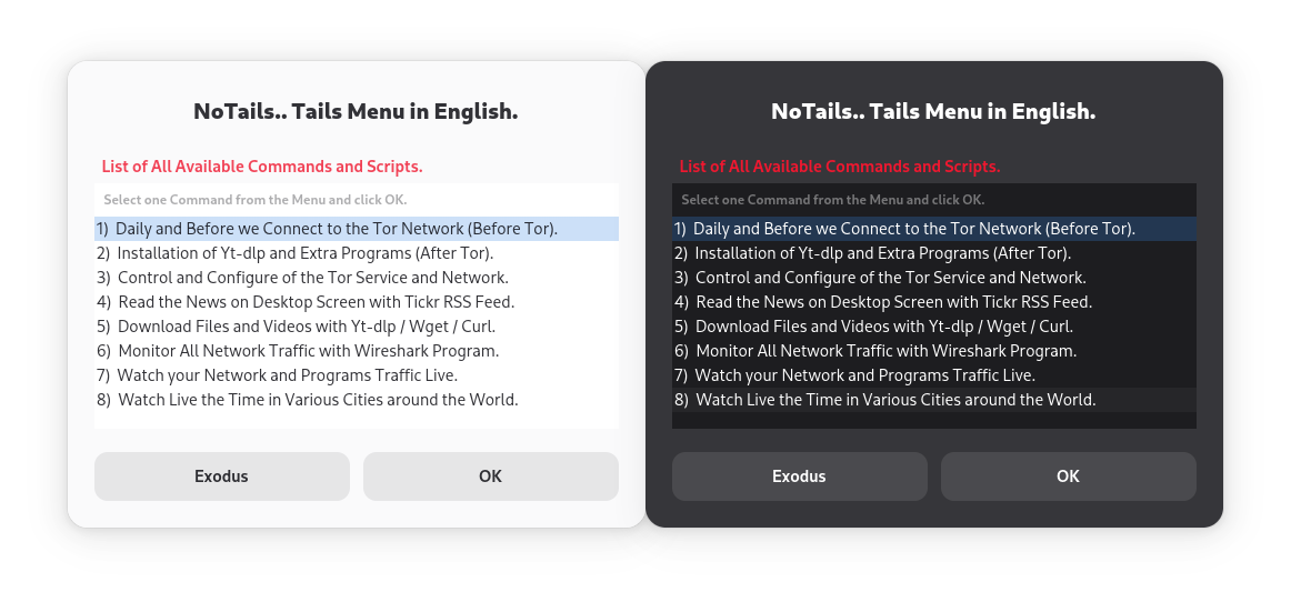 The main NoTails.. Tails Menu in white and black background in version 7 of Tails OS