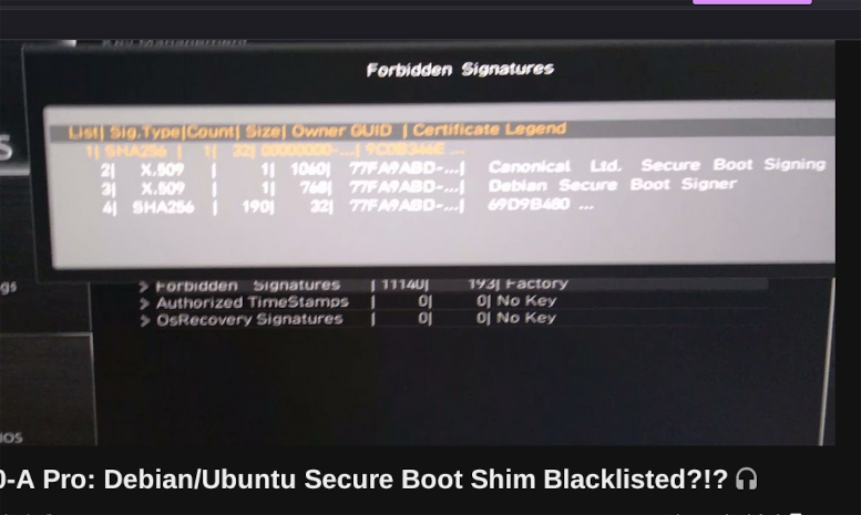 blocked Ubuntu & Debian UEFI keys in a 2021's motherboard